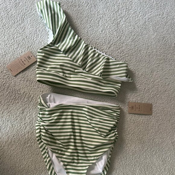 Albion Icon Wave Crop & Ruched High-Waisted Bottoms, Sage Stripe NEW WITH TAGS - Picture 6 of 9